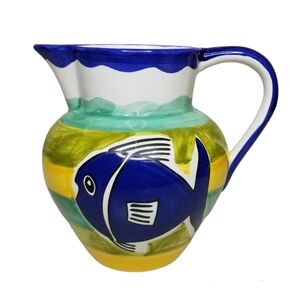 Ceramicas Portugal Hand Painted Pitcher With Handle Blue Fish MultiColor Pottery